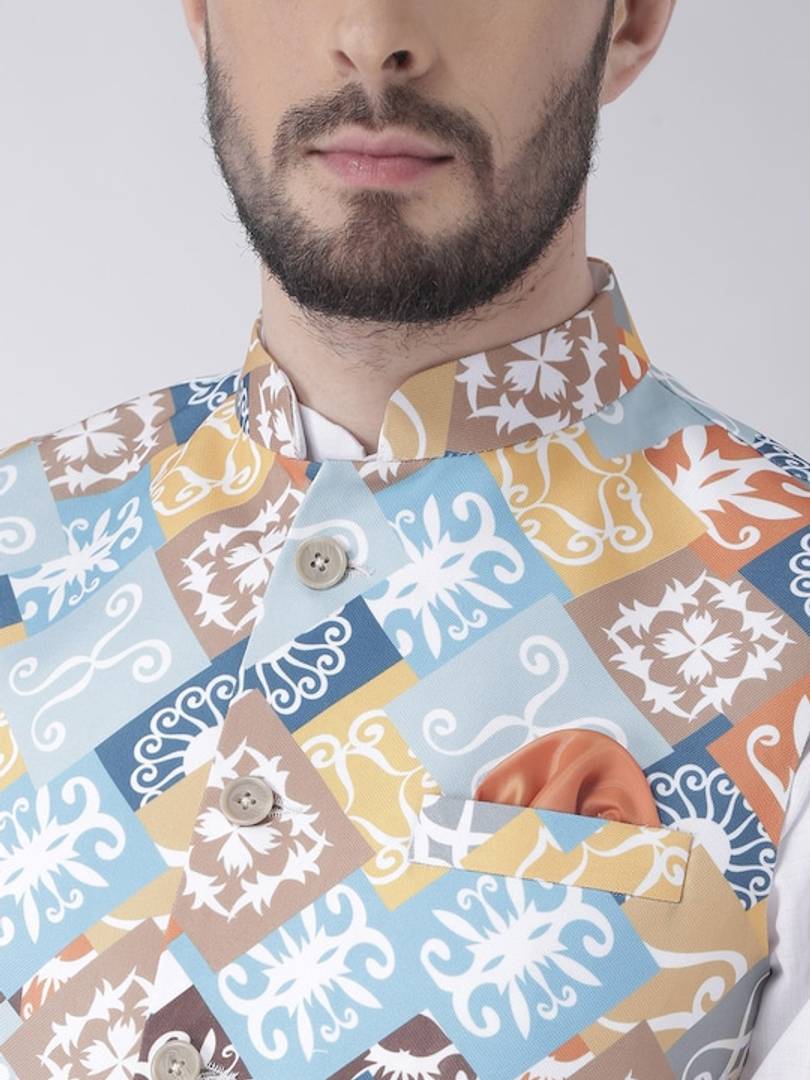 Men's Multicoloured 
Cotton Blend
 Woven Design Nehru Jackets